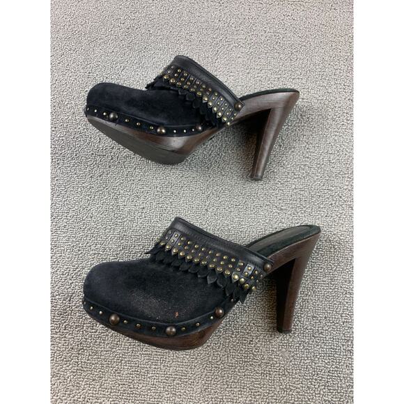 Isabella Fiore Suede Clogs Heel Shoes Womens 8 Made in Italy Fringe Studded - Picture 1 of 8